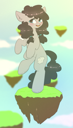 Size: 2000x3500 | Tagged: safe, artist:etoz, derpibooru import, oc, oc only, oc:cloudy, earth pony, pony, bipedal, blushing, cloud, female, floating island, happy, on one hoof, sky, smiling