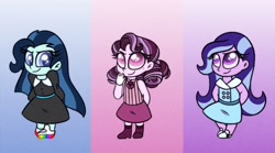 Size: 1800x1000 | Tagged: safe, artist:carouselunique, derpibooru import, oc, oc only, oc:dolly dusk, oc:primrose prime, oc:ursula star, comic:aria's archives, equestria girls, clothes, dress, offspring, parent:chancellor neighsay, parent:oc:caliper cinch, parent:rosette nebula, parent:sonata dusk, parent:suri polomare, parents:canon x oc, skirt