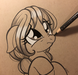 Size: 2825x2736 | Tagged: safe, artist:emberslament, derpibooru import, oc, oc only, oc:cherry blossom, earth pony, pony, boop, colored pencils, female, mare, monochrome, pencil, pencil boop, photo, solo, traditional art, uncertain
