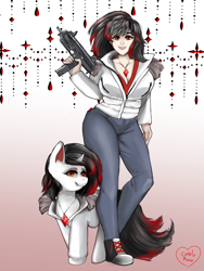 Size: 1500x2000 | Tagged: safe, artist:kitsunehino, derpibooru import, oc, oc only, human, pony, undead, unicorn, vampire, vampony, advertisement, auction, clothes, commission, digital art, duo, fangs, female, gun, jeans, jewelry, mare, necklace, pants, shoes, signature, sneakers, submachinegun, weapon, ych result