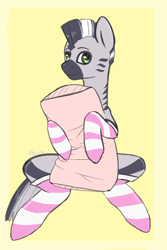 Size: 3000x4500 | Tagged: safe, artist:akva, artist:akva2000, derpibooru import, oc, oc only, oc:zebra north, zebra, clothes, crossdressing, femboy, hug, male, pillow, pillow hug, socks, stallion, striped socks, zebra oc