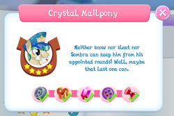 Size: 780x520 | Tagged: safe, derpibooru import, proper postal, crystal pony, pony, game screencap, gameloft, gem, profile, solo, text