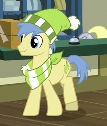 Size: 342x405 | Tagged: safe, derpibooru import, screencap, goldengrape, sir colton vines iii, earth pony, pony, best gift ever, background pony, clothes, cropped, cutie mark, hat, scarf, smiling, winter outfit