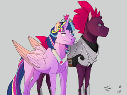 Size: 1024x768 | Tagged: safe, artist:avatar1778, derpibooru import, tempest shadow, twilight sparkle, twilight sparkle (alicorn), alicorn, pony, unicorn, armor, big crown thingy, broken horn, colored wings, eye scar, female, gray background, lesbian, mare, peytral, rainbow power, regalia, royal guard, scar, shipping, simple background, smiling, tempest becomes a royal guard, tempestlight