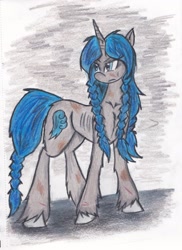 Size: 1765x2425 | Tagged: safe, artist:zubias, derpibooru import, oc, oc:coral eve, pony, unicorn, fallout equestria, fallout equestria: murky number seven, braid, fanfic art, female, mare, solo, traditional art, twin braids