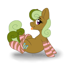 Size: 4584x4091 | Tagged: safe, artist:hellishprogrammer, derpibooru import, cinnabon (character), earth pony, pony, absurd resolution, clothes, commission, cute, female, mare, silly, simple background, socks, solo, striped socks, tongue out, transparent background, ych result