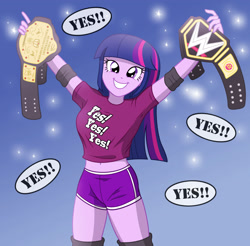 Size: 2001x1971 | Tagged: safe, artist:sumin6301, derpibooru import, twilight sparkle, equestria girls, championship belt, clothes, daniel bryan, female, grin, shorts, smiling, solo, sports, wrestling, wwe, yes, yes yes yes