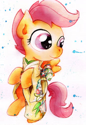 Size: 1600x2306 | Tagged: safe, artist:mashiromiku, derpibooru import, scootaloo, bipedal, clothes, commission, cute, cutealoo, kimono (clothing), solo, traditional art, watercolor painting