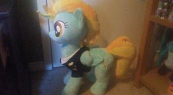 Size: 960x529 | Tagged: safe, artist:codyandgwen, artist:panzerdamen, derpibooru import, lightning dust, pegasus, pony, clothes, doll, female, folded wings, irl, mare, photo, plushie, solo, toy, wings