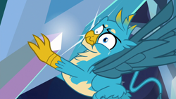 Size: 1280x720 | Tagged: safe, derpibooru import, screencap, gallus, griffon, school raze, chest fluff, claws, crying, faic, male, paw pads, paws, tail, tears of pain, wings