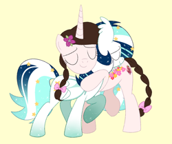 Size: 722x604 | Tagged: safe, artist:owlity, derpibooru import, oc, oc:summer raine, oc:wistful galaxy, alicorn, bat pony, pony, eyes closed, female, flower, hug, mare