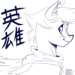 Size: 1000x1000 | Tagged: safe, artist:kaminarihouse, artist:thethunderpony, derpibooru import, oc, oc:himmel, anime, bust, clothes, colt, japanese, male, profile, scarf, sketch, smiling, solo