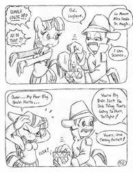 Size: 849x1100 | Tagged: safe, artist:circe, derpibooru import, twilight sparkle, twilight sparkle (alicorn), alicorn, anthro, unguligrade anthro, comic:soreloser, black and white, clothes, grayscale, inspector jacques clouseau, mauve minx, monochrome, pleated skirt, skirt, traditional art