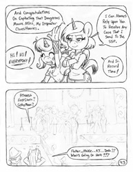 Size: 849x1100 | Tagged: safe, artist:circe, derpibooru import, applejack, fluttershy, pinkie pie, rainbow dash, twilight sparkle, twilight sparkle (alicorn), oc, oc:eaststern, oc:gothy moon, alicorn, anthro, unguligrade anthro, comic:soreloser, armpits, black and white, ear piercing, earring, fishnet stockings, grayscale, inspector jacques clouseau, jewelry, marx brothers, monochrome, piercing, traditional art