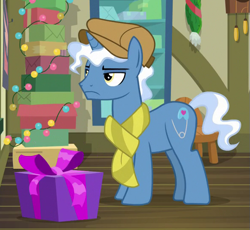 Size: 587x540 | Tagged: safe, derpibooru import, screencap, pokey pierce, pony, unicorn, best gift ever, annoyed, clothes, cropped, cutie mark, hat, male, scarf, solo, stallion, winter outfit