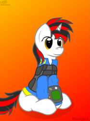 Size: 4081x5442 | Tagged: safe, artist:terminalhash, derpibooru import, oc, oc only, oc:blackjack, pony, unicorn, fallout equestria, fallout equestria: project horizons, absurd resolution, clothes, fanfic, fanfic art, female, gradient background, hooves, horn, mare, pipbuck, security armor, sitting, solo, vault security armor, vault suit, vector