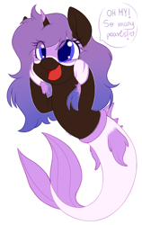 Size: 1236x1958 | Tagged: safe, artist:adostume, derpibooru import, oc, oc only, oc:nemezis, merpony, excited, simple background, smiling, speech bubble, white background