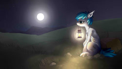 Size: 1024x576 | Tagged: safe, artist:hamanaki, derpibooru import, oc, oc only, pony, female, fluffy, lantern, lidded eyes, mare, moon, night, sitting, solo, stars