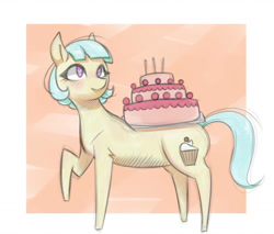 Size: 1024x873 | Tagged: safe, artist:hamanaki, derpibooru import, oc, oc only, earth pony, pony, abstract background, blushing, cake, cutie mark, female, food, heart eyes, mare, raised hoof, solo, wingding eyes