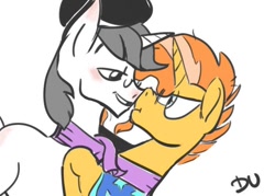 Size: 700x500 | Tagged: safe, artist:du jacob, derpibooru import, sunburst, oc, oc:schwarz, pony, unicorn, bedroom eyes, blushing, boop, canon x oc, clothes, eye contact, gay, grin, looking at each other, male, nose wrinkle, scarf, shared clothing, shared scarf, smiling, trace