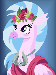 Size: 1039x1400 | Tagged: safe, artist:cloudyglow, derpibooru import, part of a set, silverstream, hippogriff, amulet, amulet of aurora, bust, female, flower, jewelry, lineless, portrait