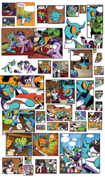 Size: 1134x1920 | Tagged: safe, artist:andypriceart, derpibooru import, idw, blacktip, glenda, horwitz, raven, twilight sparkle, twilight sparkle (alicorn), urtica, alicorn, changedling, changeling, dragon, pony, unicorn, yak, spoiler:comic, spoiler:comic62, clothes, cuteling, flying, hoof hold, scroll, sweater