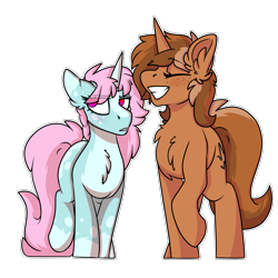 Size: 2000x2000 | Tagged: safe, artist:spoopygander, derpibooru import, oc, oc only, oc:scoops, oc:sign, pony, unicorn, blushing, chest fluff, coat markings, duo, ear fluff, eyelashes, eyes closed, female, freckles, looking away, mare, multicolored hair, outline, simple background, smiling, transparent background