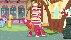 Size: 1280x720 | Tagged: safe, derpibooru import, screencap, big macintosh, carrot cake, cup cake, earth pony, pony, mmmystery on the friendship express, balancing, cake, female, food, male, mare, marzipan mascarpone meringue madness, stallion, sugarcube corner, sweat, the cakes