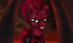 Size: 5000x3000 | Tagged: safe, artist:filama, derpibooru import, tempest shadow, pony, unicorn, my little pony: the movie, broken horn, eye scar, eyes open, female, fire, horn, looking at you, mare, scar, smiling, solo