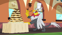 Size: 1280x720 | Tagged: safe, derpibooru import, screencap, gustave le grande, griffon, mmmystery on the friendship express, eclair, facial hair, food, male, moustache, solo, toque