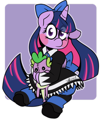 Size: 1024x1230 | Tagged: safe, artist:befishproductions, derpibooru import, spike, twilight sparkle, twilight sparkle (alicorn), alicorn, anarchy stocking, bow, clothes, cosplay, costume, female, hair bow, panty and stocking with garterbelt, plushie, simple background, transparent background