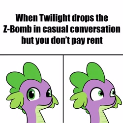 Size: 1650x1650 | Tagged: safe, artist:tjpones, derpibooru import, spike, dragon, awkward, bust, caption, casual racism, frown, looking at you, male, meme, sideways glance, simple background, solo, text, white background, wide eyes, ziggers