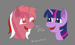 Size: 771x465 | Tagged: safe, artist:coldfire, derpibooru exclusive, derpibooru import, galaxy (g1), twilight sparkle, pony, unicorn, 35th anniversary, blah blah blah, bust, ear fluff, female, flat colors, happy, mare, open mouth, simple background