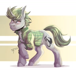 Size: 1739x1609 | Tagged: safe, artist:swoopypoolin, derpibooru import, oc, oc only, pony, unicorn, abstract background, clothes, curved horn, digital art, male, shirt, signature, solo, stallion