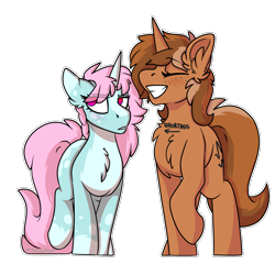 Size: 2000x2000 | Tagged: safe, alternate version, artist:spoopygander, derpibooru import, oc, oc only, oc:scoops, oc:sign, pony, unicorn, 2019 community collab, blushing, body writing, chest fluff, coat markings, derpibooru community collaboration, duo, ear fluff, eyelashes, eyes closed, female, freckles, looking away, mare, multicolored hair, outline, simple background, smiling, transparent background