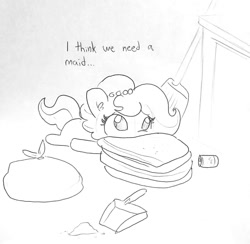Size: 1313x1284 | Tagged: safe, artist:tjpones, derpibooru import, oc, oc only, oc:brownie bun, earth pony, pony, black and white, blanket, broom, can, dialogue, dustpan, ear fluff, grayscale, lineart, lying, monochrome, simple background, solo, traditional art, trash bag, white background