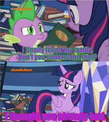 Size: 640x716 | Tagged: safe, derpibooru import, screencap, spike, twilight sparkle, twilight sparkle (alicorn), alicorn, dragon, father knows beast, book, guardians of the galaxy, guardians of the galaxy vol. 2, marvel cinematic universe, text