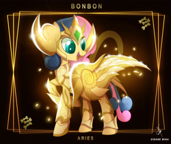 Size: 3840x3232 | Tagged: safe, artist:zidanemina, derpibooru import, bon bon, sweetie drops, earth pony, pony, aries, armor, crossover, female, helmet, mare, open mouth, raised hoof, saint seiya, smiling, solo, zodiac