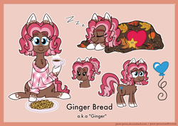 Size: 1000x710 | Tagged: safe, artist:pink-pone, derpibooru import, oc, oc:ginger bread, earth pony, pony, blanket, cookie, female, filly, food, mare, sleeping, solo, zzz