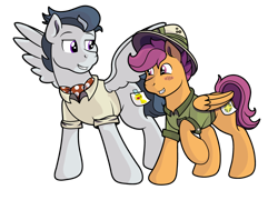 Size: 926x666 | Tagged: safe, artist:moonlightfan, derpibooru import, daring do, doctor caballeron, rumble, scootaloo, pony, clothes, commission, cosplay, costume, fake cutie mark, female, hat, male, rumbloo, shipping, straight