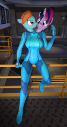 Size: 555x1047 | Tagged: safe, derpibooru import, rainbow dash, twilight sparkle, anthro, 3d, alternate hairstyle, conjoined, fusion, metroid, multiple heads, punklight sparkle, samus aran, source filmmaker, two heads, zero suit