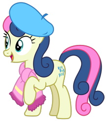 Size: 1500x1722 | Tagged: safe, artist:sketchmcreations, derpibooru import, bon bon, sweetie drops, best gift ever, beret, clothes, hat, open mouth, raised hoof, scarf, simple background, transparent background, vector