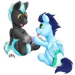 Size: 2259x2286 | Tagged: safe, artist:wittleskaj, derpibooru import, soarin', thunderlane, pegasus, pony, baby, baby pony, colt, diaper, foal, foal powder, male, playing