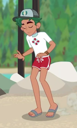 Size: 308x509 | Tagged: safe, derpibooru import, screencap, timber spruce, better together, equestria girls, turf war, clothes, eyes closed, feet, legs, lifeguard, lifeguard timber, male, male feet, sandals, shorts, toes