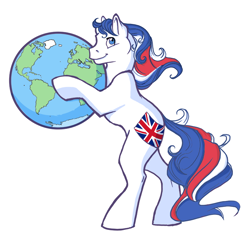 Size: 650x631 | Tagged: safe, artist:reaperfox, derpibooru import, oc, oc:britannia (uk ponycon), earth pony, pony, g1, bipedal, earth, female, globe, mare, mascot, pony bigger than a planet, simple background, solo, uk ponycon, white background