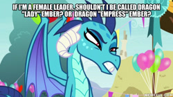 Size: 600x337 | Tagged: safe, derpibooru import, edit, edited screencap, screencap, dragon lord ember, princess ember, dragon, triple threat, angry, dragoness, female, image macro, meme, text