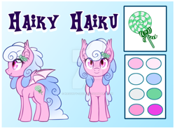 Size: 900x663 | Tagged: safe, artist:cabbage-arts, derpibooru import, oc, oc only, oc:haiky haiku, bat pony, pony, bat pony oc, bat wings, cutie mark, digital art, female, mare, reference sheet, smiling, solo