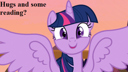 Size: 640x360 | Tagged: safe, derpibooru import, edit, edited screencap, screencap, twilight sparkle, twilight sparkle (alicorn), alicorn, pony, a royal problem, bronybait, cute, dialogue, hug request, solo, spread wings, twiabetes, wings