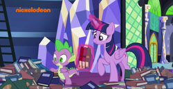 Size: 2501x1283 | Tagged: safe, derpibooru import, screencap, spike, twilight sparkle, twilight sparkle (alicorn), alicorn, dragon, father knows beast, book, winged spike