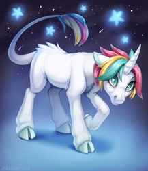 Size: 1113x1280 | Tagged: safe, artist:hattiezazu, derpibooru import, oc, oc only, oc:silent mist, classical unicorn, pony, unicorn, cloven hooves, leonine tail, rainbow hair, solo, stars, unshorn fetlocks